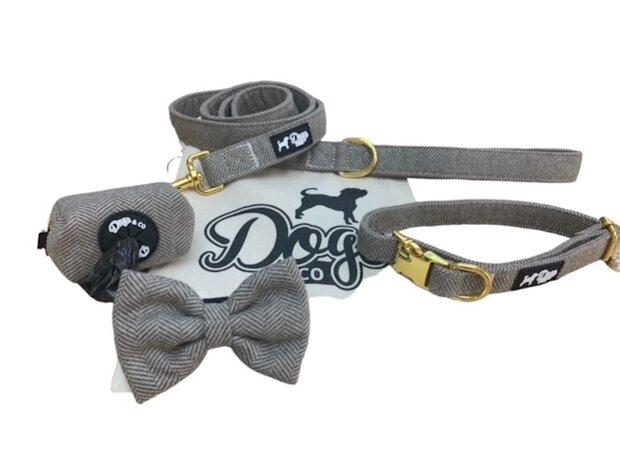 Dogs&Co Hondenriem+Halsband+Strik en Poepzakjeshouder (4delig) Zand Tweed 