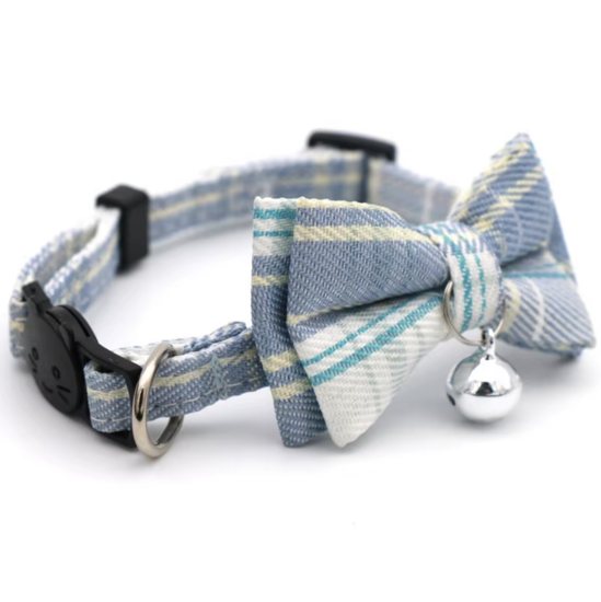 Kattenhalsband - Puppyhalsbandje met strik Blauw Ruit 